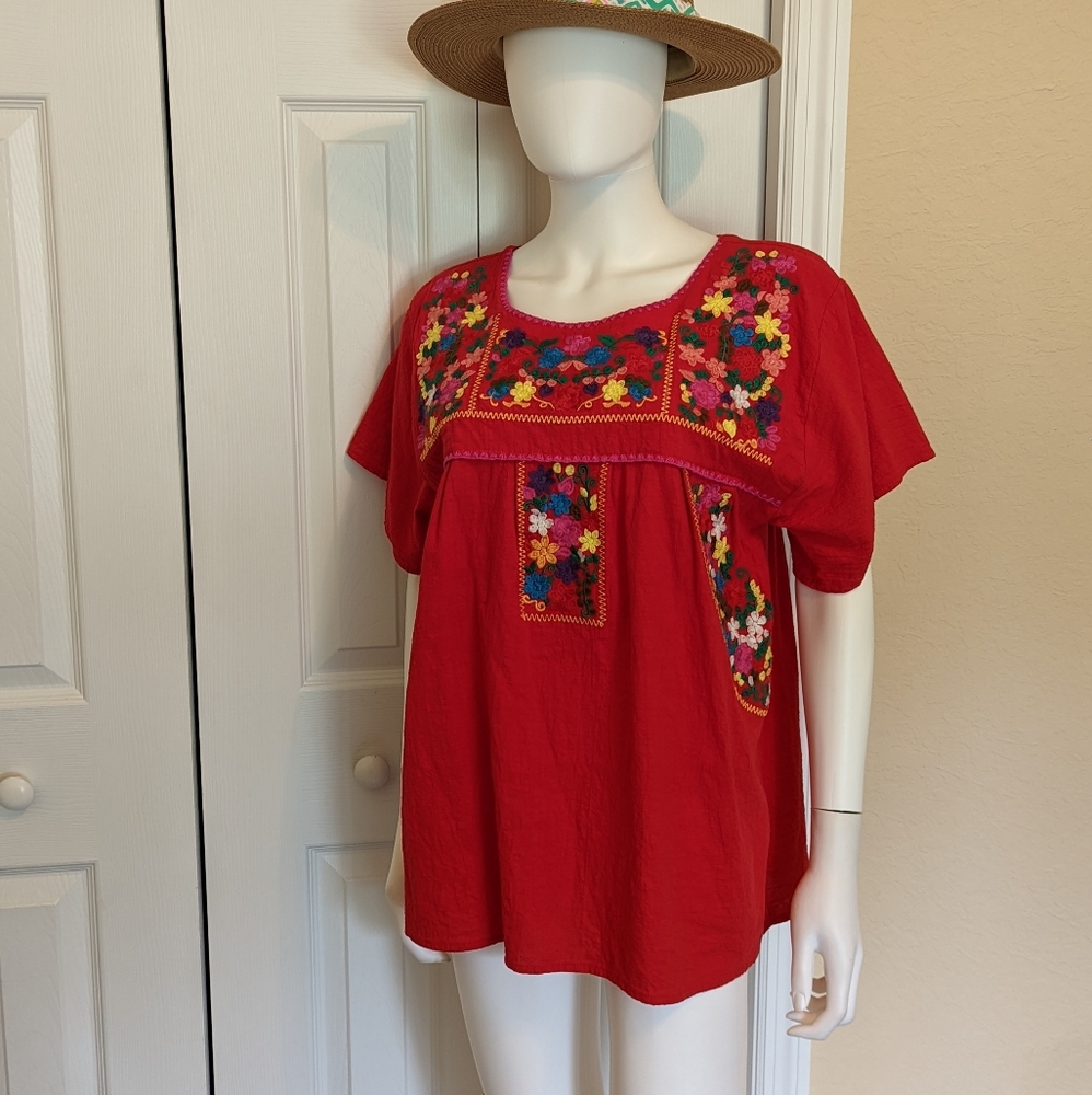 Mexican embroidered boho cotton top, large